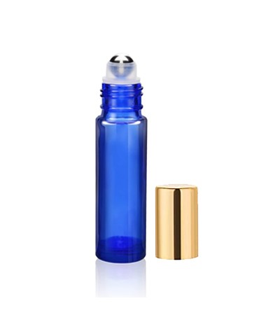 10 ml Blue Roll On Bottle With Steel Ball & Gold Cap