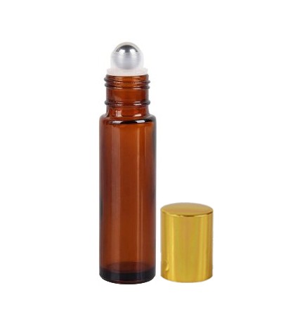 10 ml Amber Roll On Bottle With Steel Ball & Gold Cap