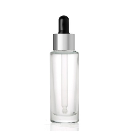 1 Oz Cylinder Glass Bottle With Silver Black Serum Dropper