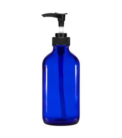 8 Oz Blue Glass Bottle With Black Lotion Pump