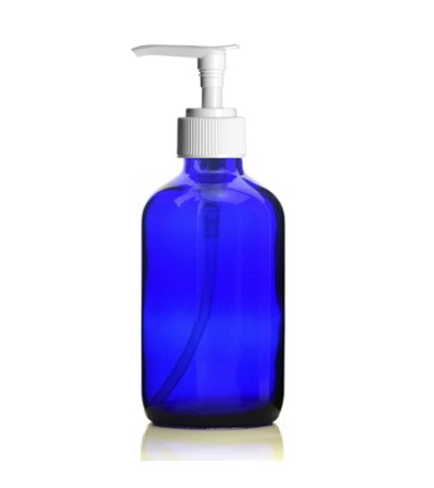 8 Oz Blue Glass Bottle With White Lotion Pump